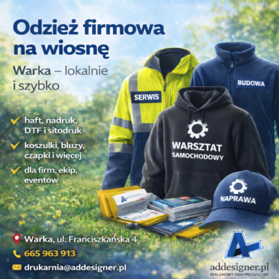 Odzież reklamowa z nadrukiem na wiosnę – Warka i okolice (haft, DTF, flex, sitodruk)