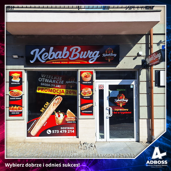Kompleksowa reklama dla KebabBurg WARKA – od szyldu i witryny po menu i ulotki