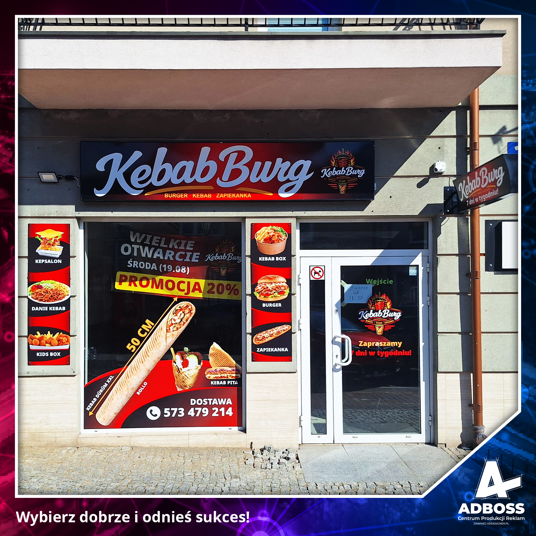 Kompleksowa reklama dla KebabBurg WARKA – od szyldu i witryny po menu i ulotki