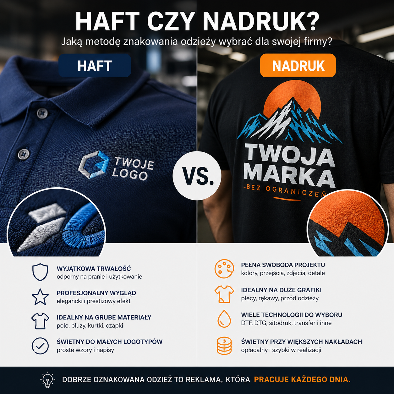 Haft czy nadruk? Wybierz znakowanie odzieży, które będzie wyglądać profesjonalnie przez lata