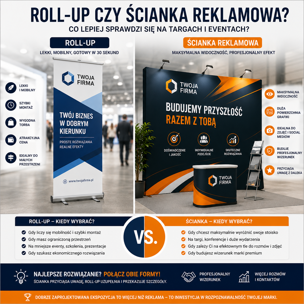Roll-up czy ścianka reklamowa? Wybór, który może zdecydować o tym, czy ktoś zatrzyma się przy Twoim stoisku